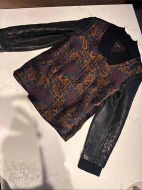 Yigal Azrouel Brocade Bomber Jacket with Black Leather Sleeves